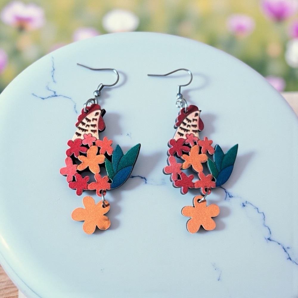 Farmhouse Chicken Floral Drop Earrings with Orange and Green Accents